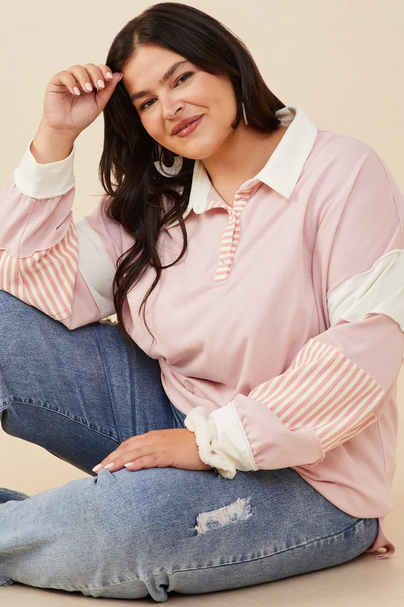 Womens Mixed Media Print Blocked Knit Rugby Shirt Soft Touch Fabric Temperature control