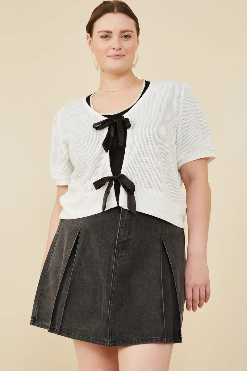 Sport Top Womens Ribbed Knit Bow Detail Short Sleeve Open Top