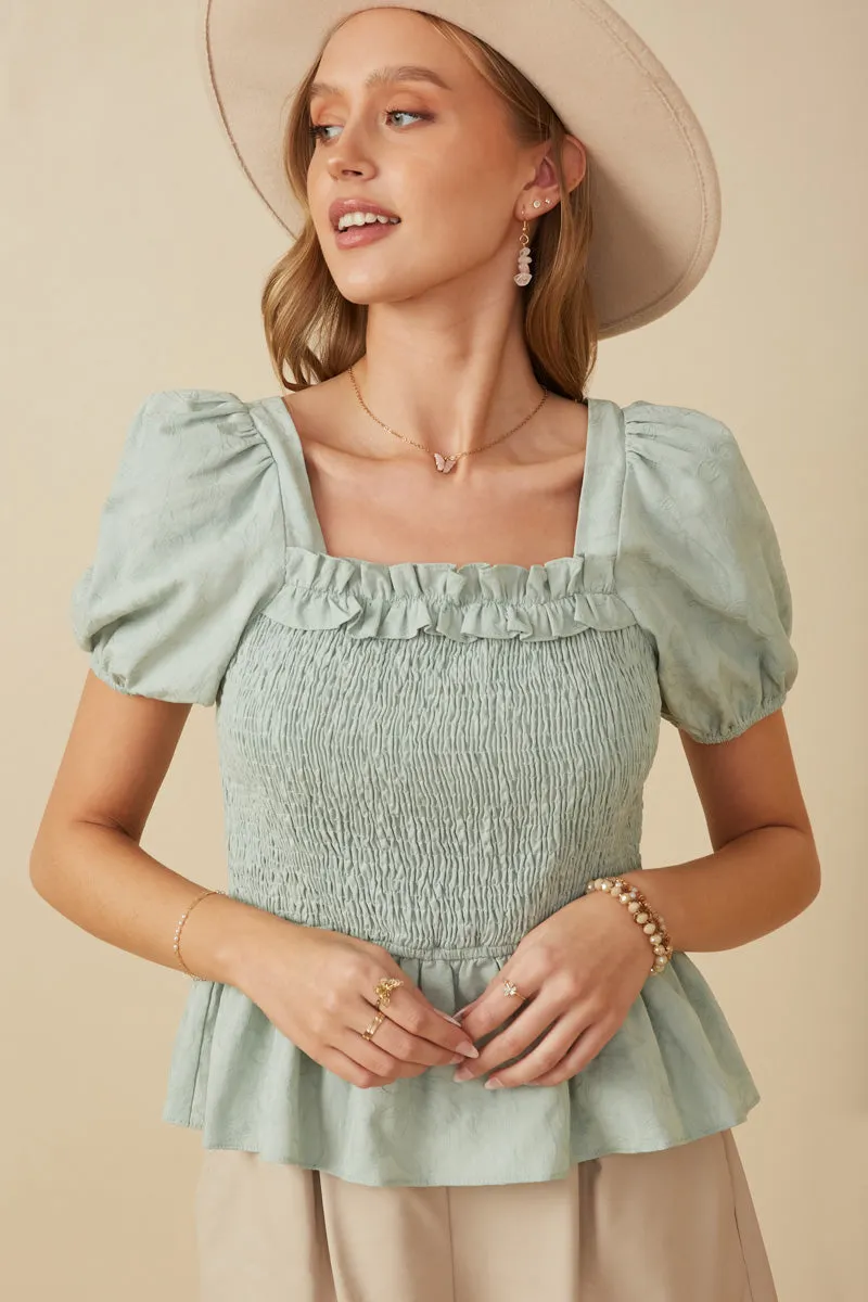 Garment Washed Finish Trendy Cardigan Womens Ruffle Detail Smocked Floral Embroidered Top