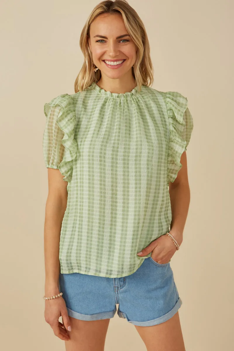 Minimalist Cuff Bonded Seam Innovation Womens Ruffle Shoulder Puffed Checker Textured Top