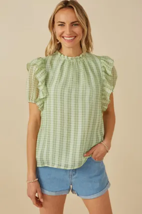 Minimalist Cuff Bonded Seam Innovation Womens Ruffle Shoulder Puffed Checker Textured Top