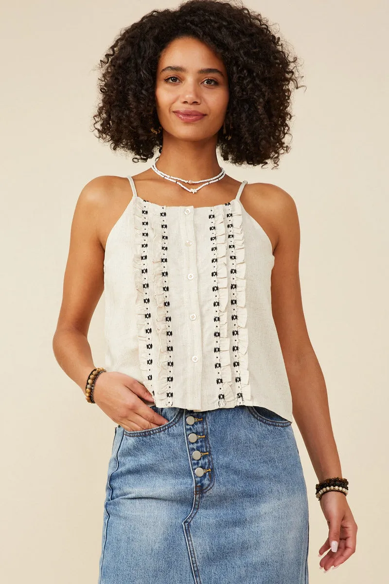 Womens Ruffled Tape Trim Linen Tank Moisture Control Lining Versatile Layering Cut