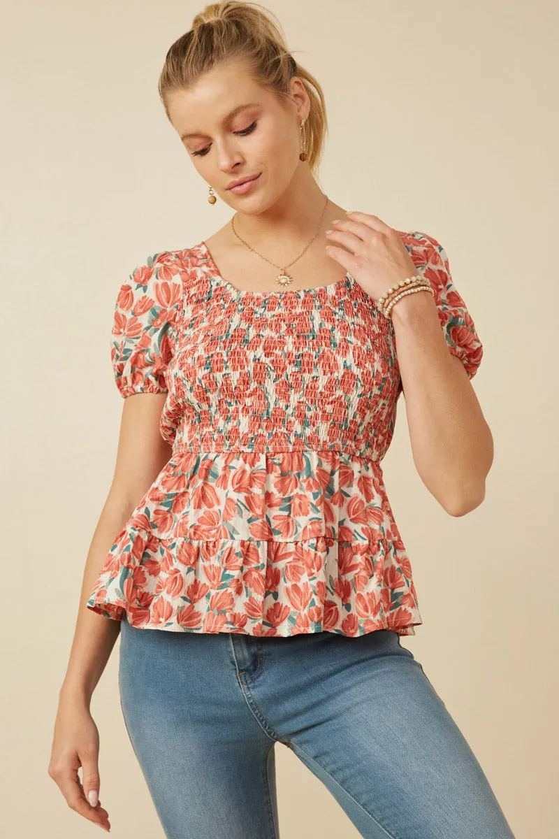 Womens Smocked Puff Sleeve Peplum Top FrictionResistantEdges