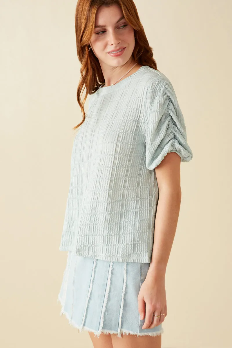 SeamFreeShoulder Ventilated Mesh Panels Womens Textured Gathered Sleeve Stretch Knit Top