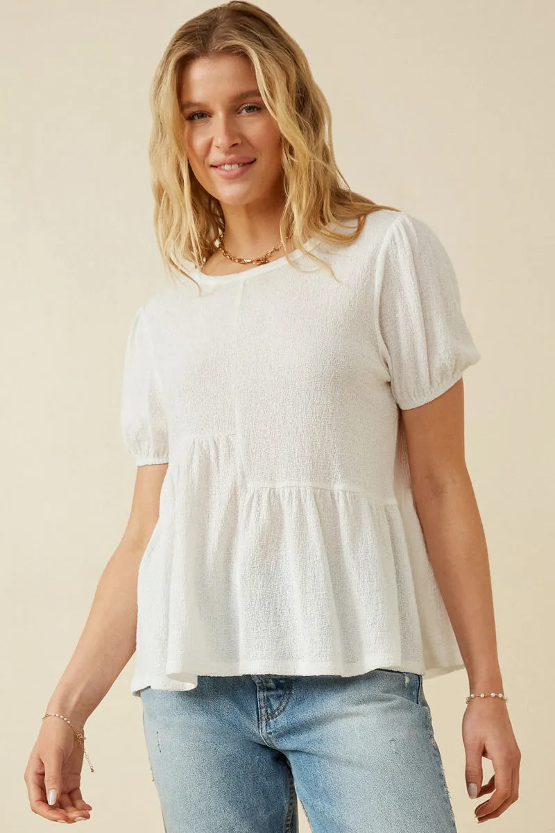 Womens Textured Puff Sleeve Asymmetric Panel Knit Top Contoured Side Panels Reflective Accent Trim