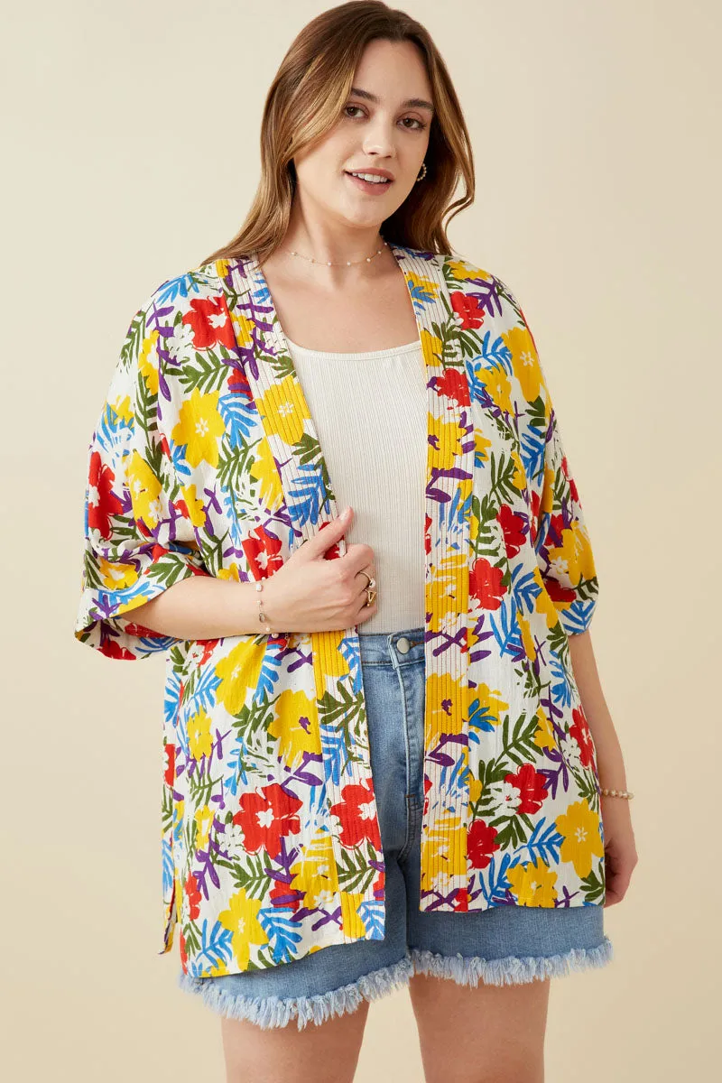 CompactPacking stand neck Womens Vivid Floral Contrast Stitch Linen Blend Kimono