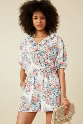 Effortless Pair Textured Paisley Floral Ruffled Surplice Romper