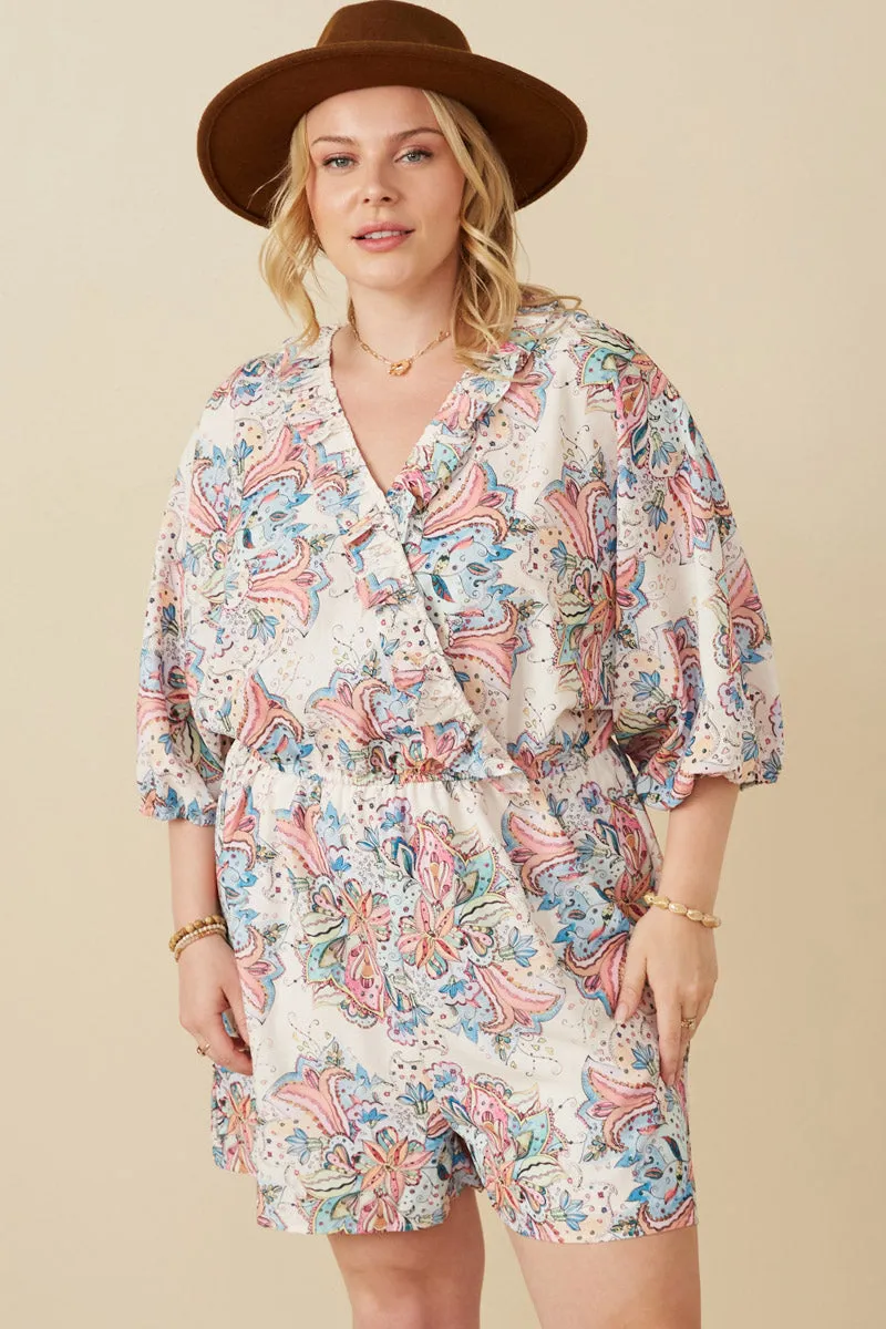 Seasonal piece Pure Vibes Textured Paisley Floral Ruffled Surplice Romper