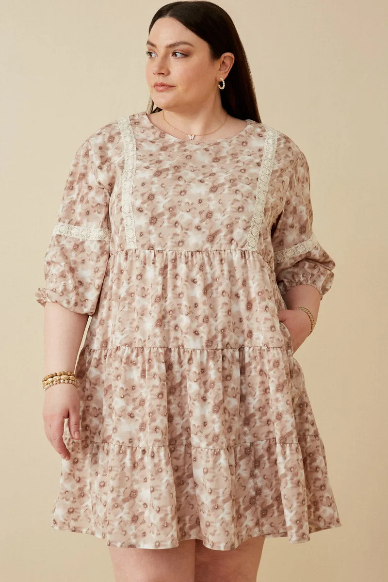 Lace Trimmed Floral Print Tiered Dress Natural Drape Vibrant Style