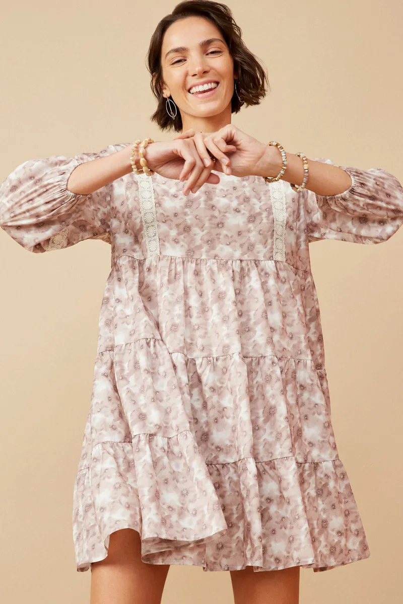 Lace Trimmed Floral Print Tiered Dress Warm Undertone Light Volume