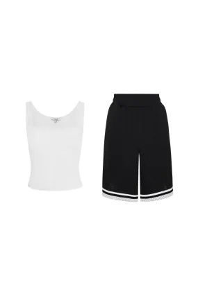 LUNA TOP   BASKETBALL SHORT - DOVE / BLACK Drop Shoulder Design Relaxed Fit Shirt