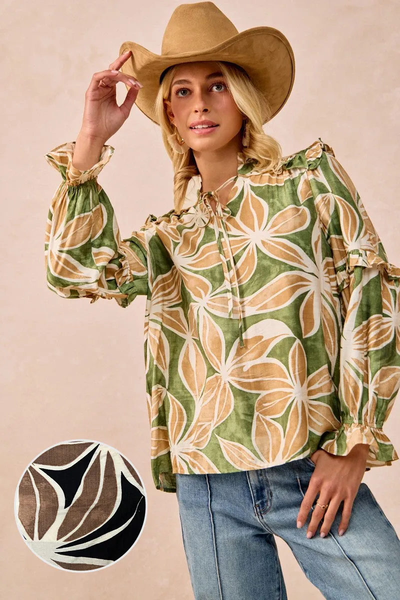 HypoallergenicFibers Lightweight Design IT3768G-07 | FLORAL PRINT RUFFLES DETAIL TOP WITH FRONT TIE DETAIL