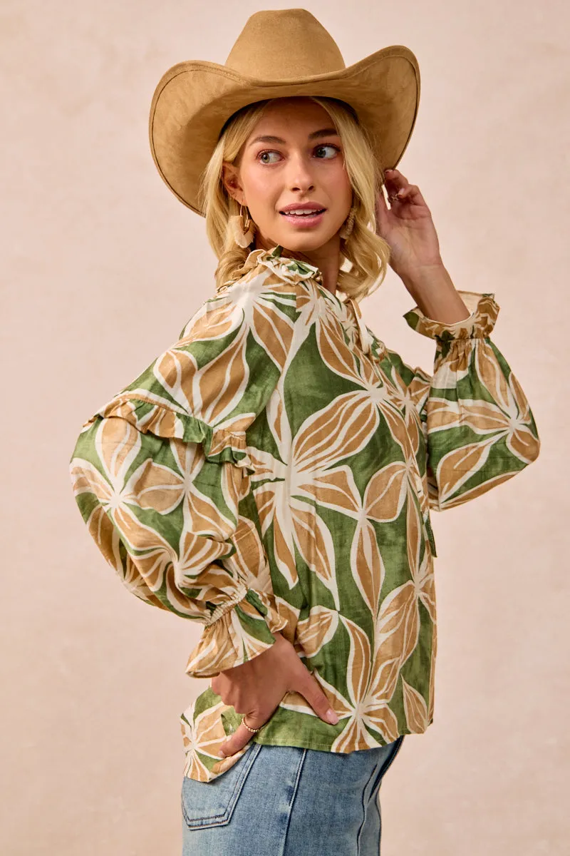 Compact Weave Fabric IT3768G-07 | FLORAL PRINT RUFFLES DETAIL TOP WITH FRONT TIE DETAIL