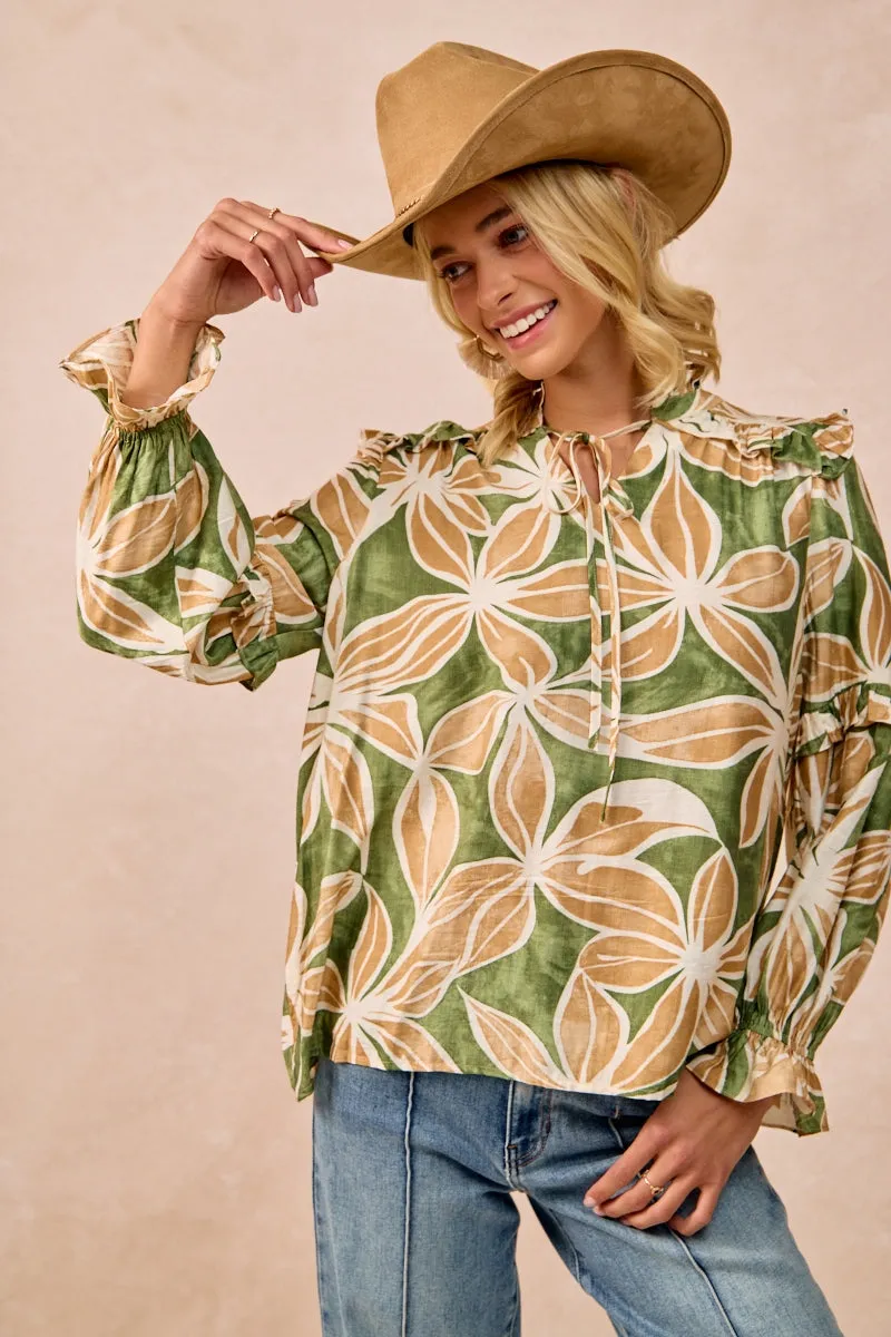 IT3768G-07 | FLORAL PRINT RUFFLES DETAIL TOP WITH FRONT TIE DETAIL Reinforced Stress Points