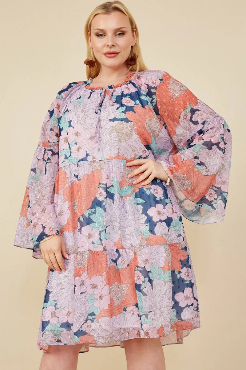 Swiss Dot Floral Print Tie Neck Dress Inner Smile