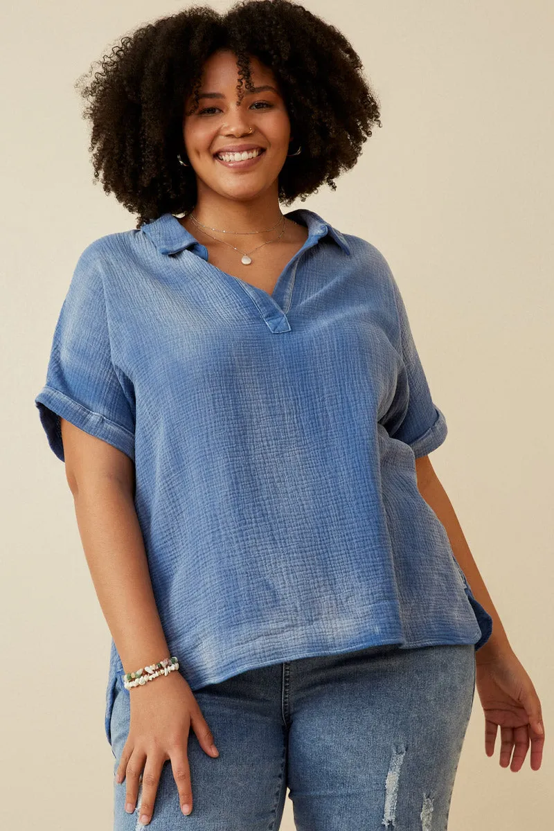 Washed Textured Collar Dolman Top Soft Cotton Blend LightweightConstruction
