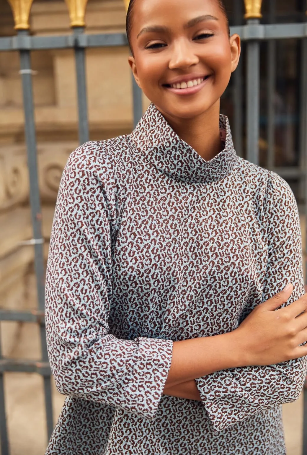 Long Sleeve Mod Top - Blue & Brown Cheetah Knit Durable Stitching Active Look