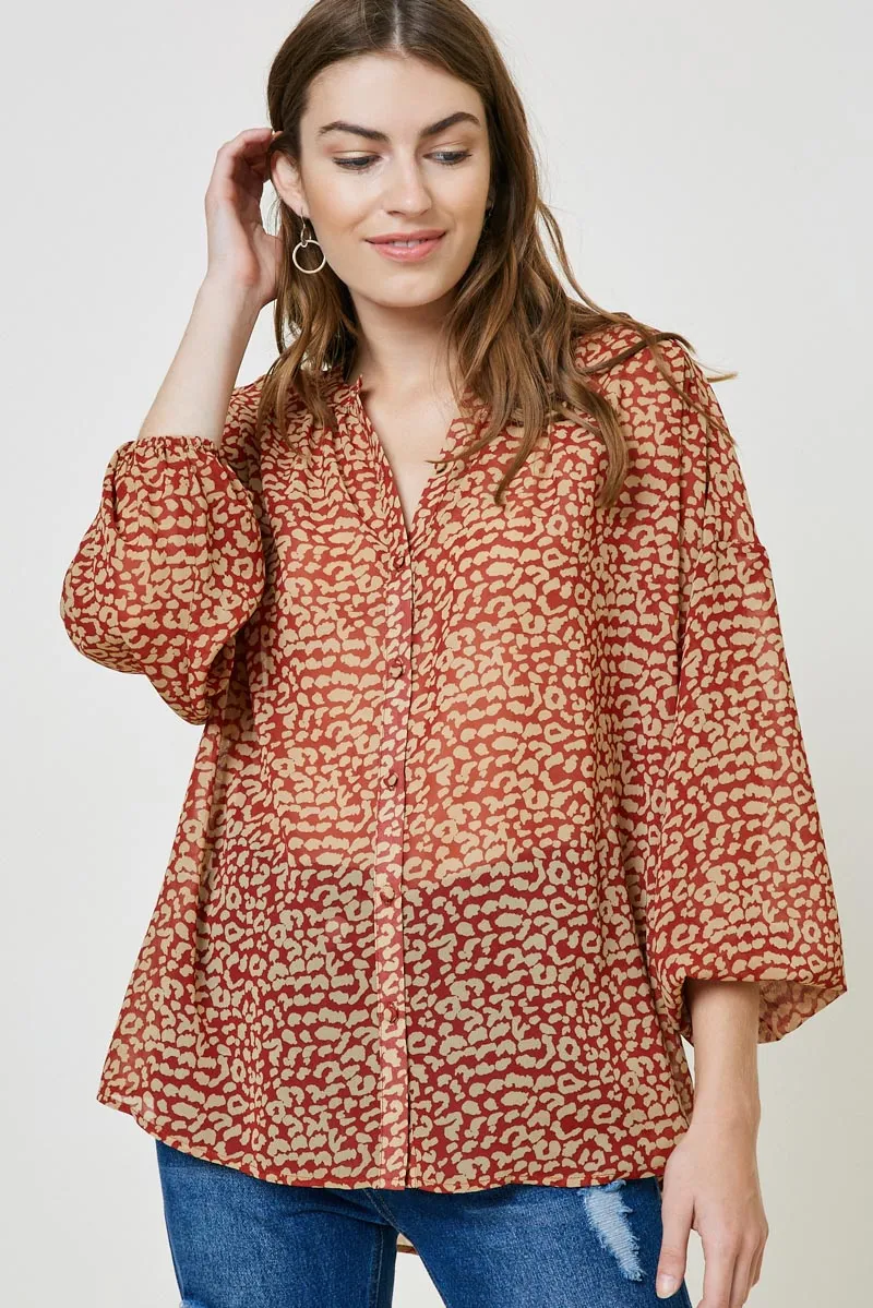 Printed Button-Down Puff Sleeve Top TemperatureRegulating Durable Hem Stitching