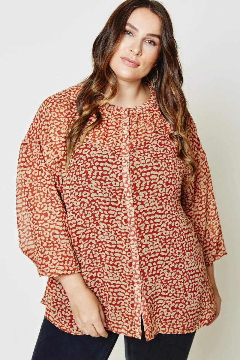 Printed Button-Down Puff Sleeve Top EcoFriendly Manufacturing Reflective Accent Stripes