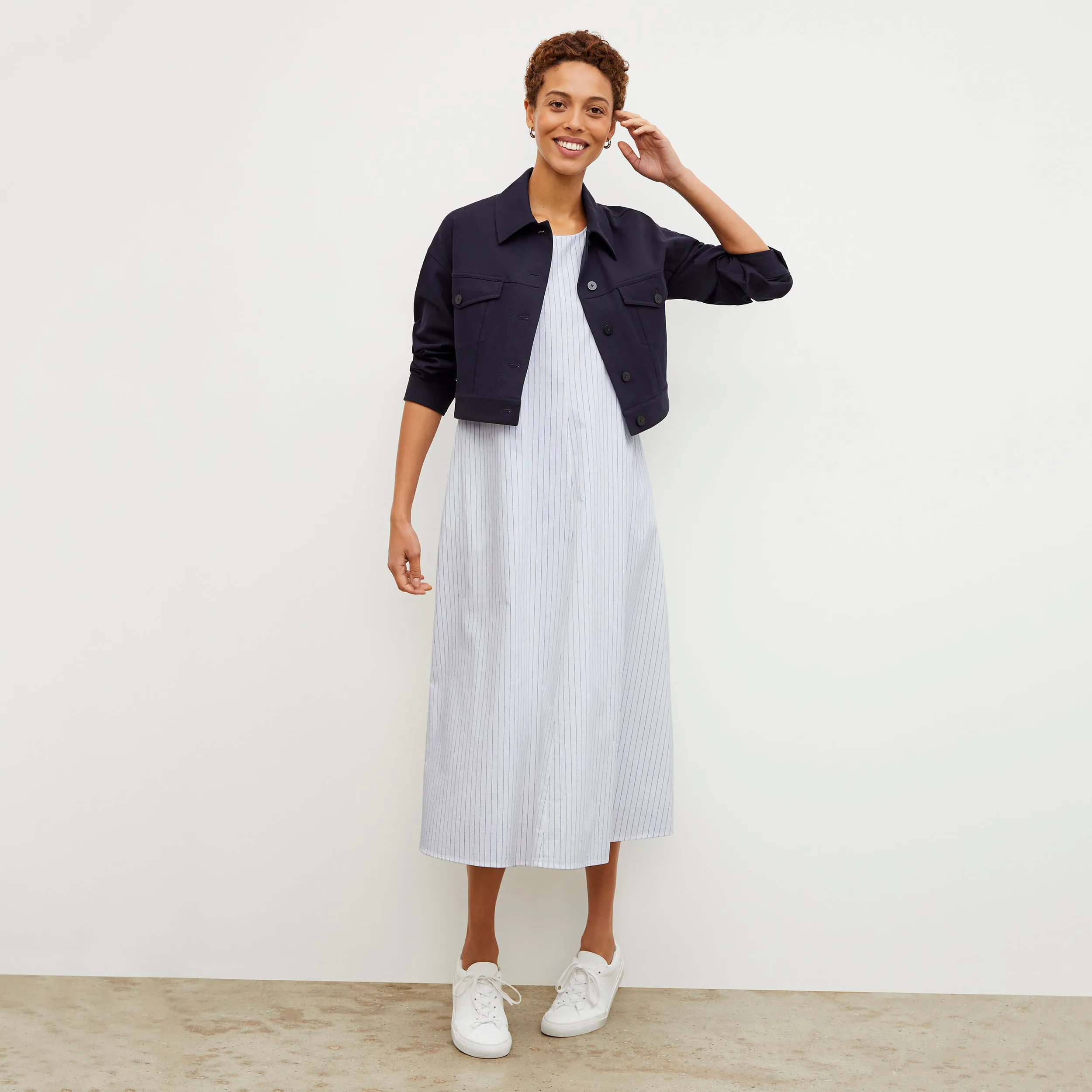 Fatima Dress - Poplin Stripe :: Blue / Ivory LowMaintenance Fabric PuckerFree Surface