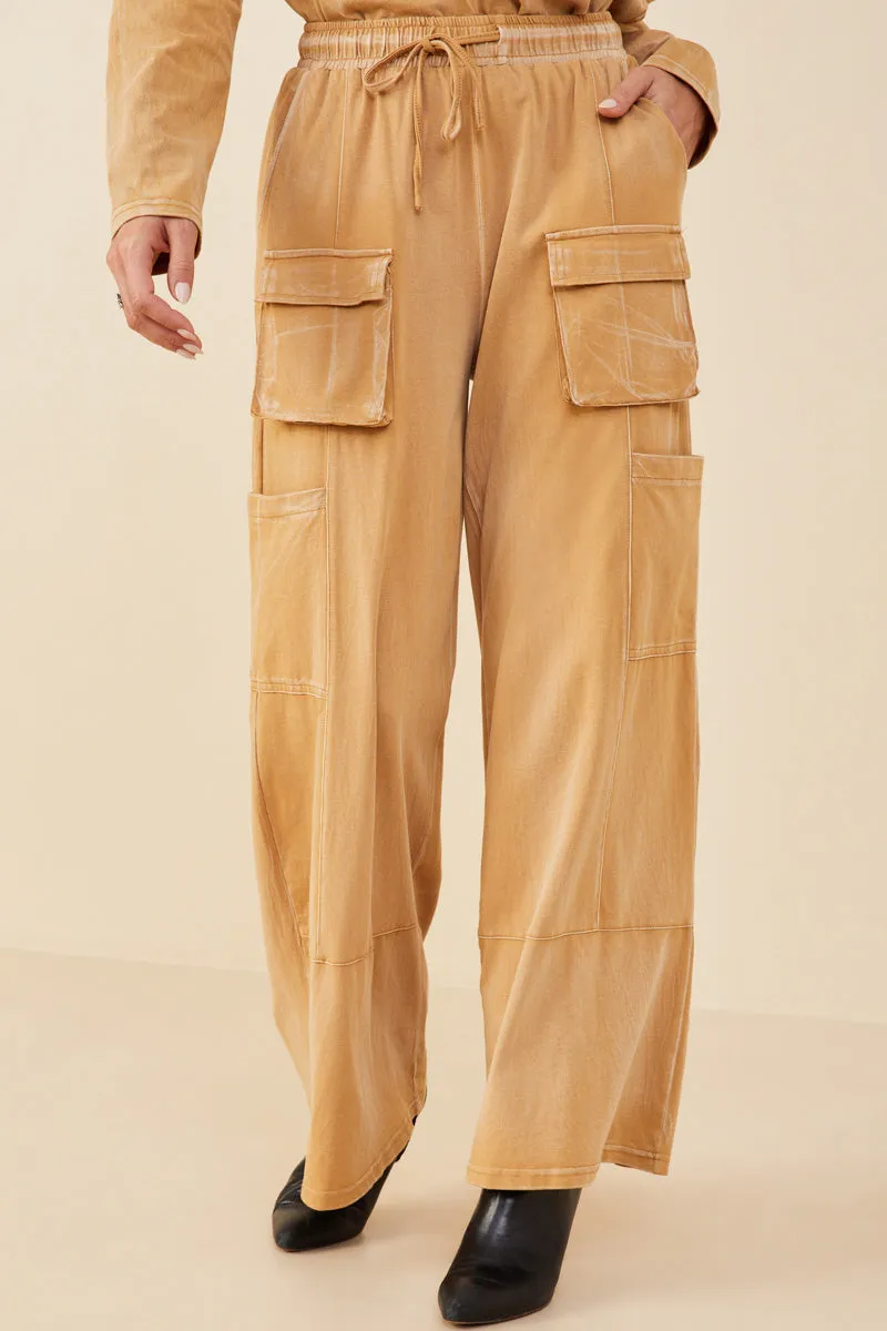 Zipper Closure Weather Flex Washed Cargo Pocket Detail Wide Leg Knit Pants