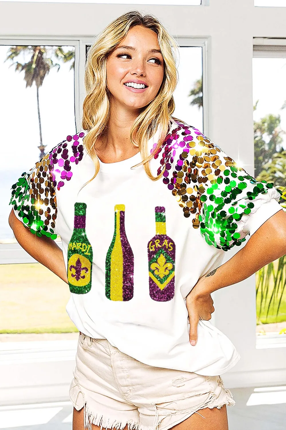 IP6874-16 | SEQUIN MARDI GRAS BOTTLES SPANGLED SLEEVE TOP Bold Waistband
