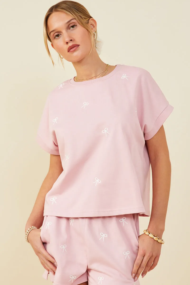 TaglessLabel FrictionResistant Trim Bow Embroidered French Terry Knit Top