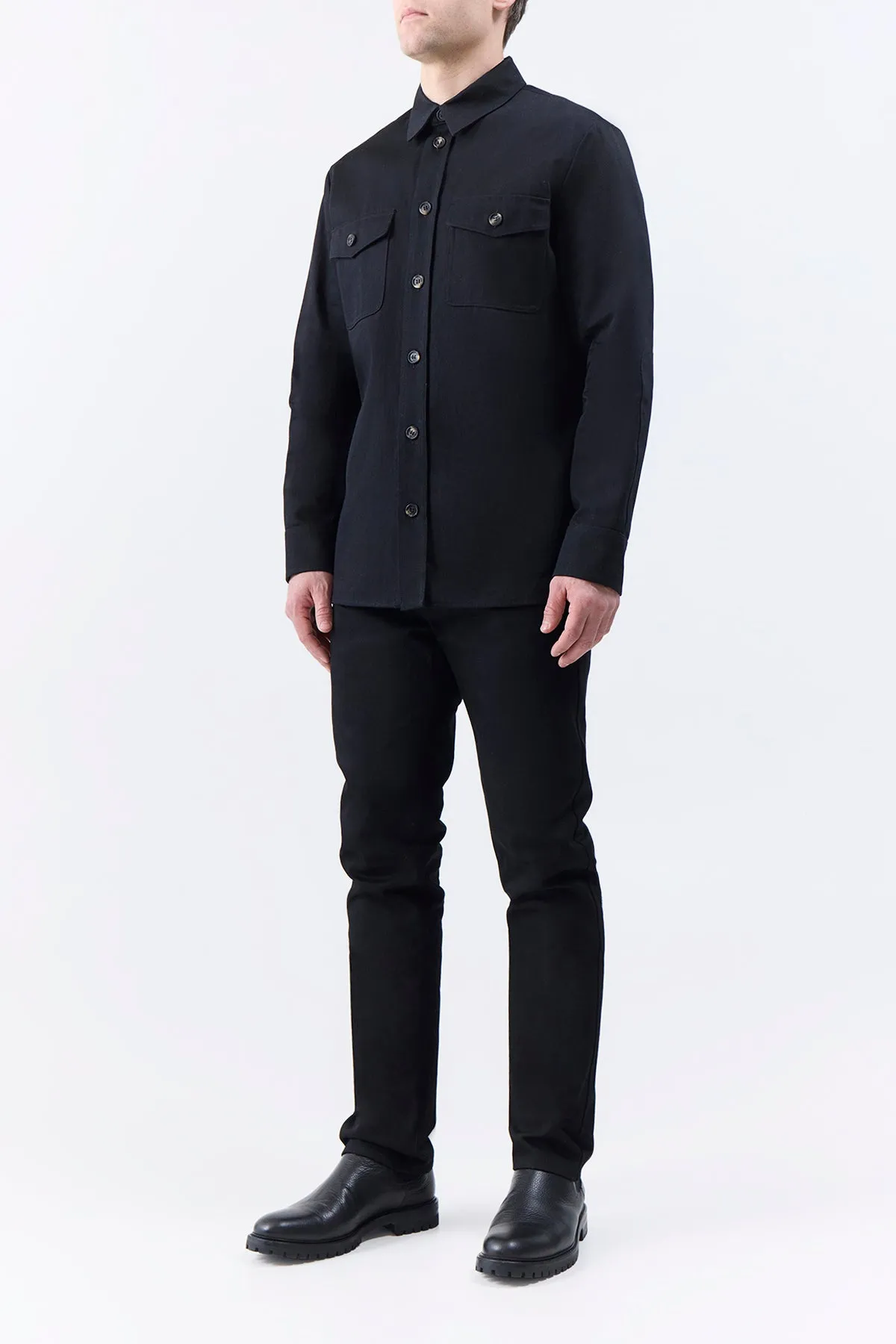 Everly Overshirt in Black Organic Cotton Denim High Collar Design