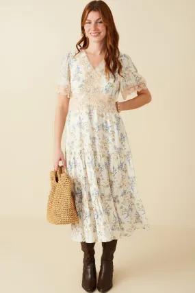 Classic-style Refined Stitch Contrast Lace Detailed Floral Dress