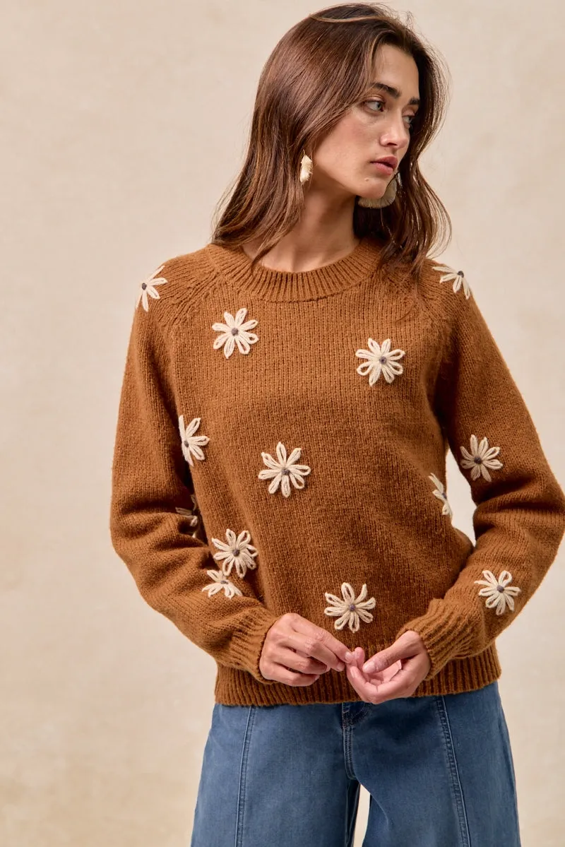 Wrinkle Resistant Finish Lightweight Fabric IT4677-01 | FLOWER EMBROIDERED SWETAER WITH LONG SLEEVES