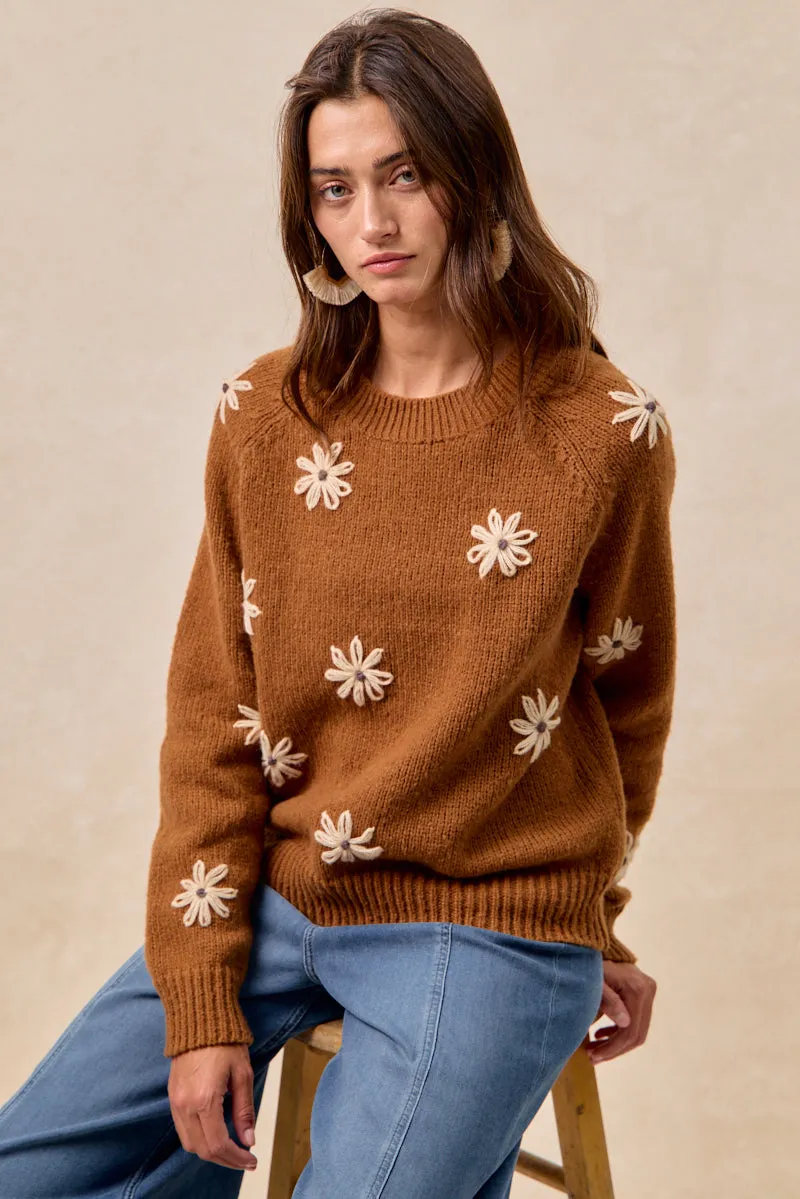 Anti Bacterial Treatment IT4677-01 | FLOWER EMBROIDERED SWETAER WITH LONG SLEEVES