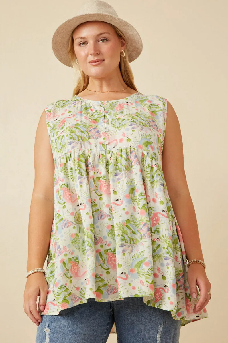 Flamingo Print Button Detail Swing Top Summer Polo Non Restrictive Cut