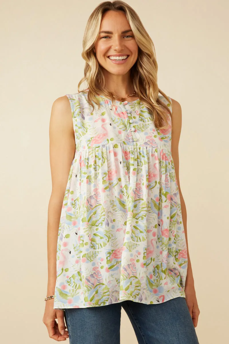 AntiStatic Material ButterSoft Handfeel Flamingo Print Button Detail Swing Top