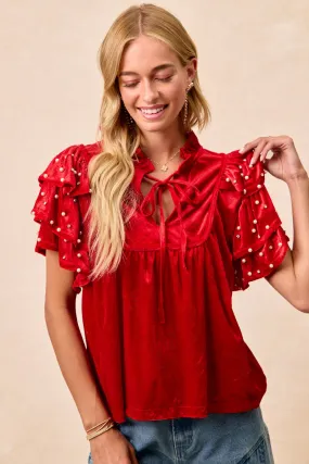 IT4767S-02 | BEADS DETAIL RUFFLED SLEEVES VELVET CHRISTMAS TOP Double Layered Packable Style