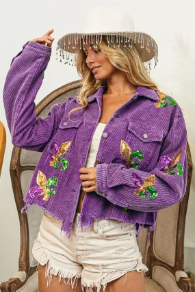 Magnetic Closure Option Weekend Ready Look IP6187G-18 | FLEUR DE LIS SEQUIN PATCHES MARDI JACKET