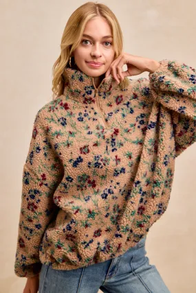 IT4768-01 | FLORAL PRINT QUARTER ZIP UP SHERPA PULLOVER Fitted Blouse