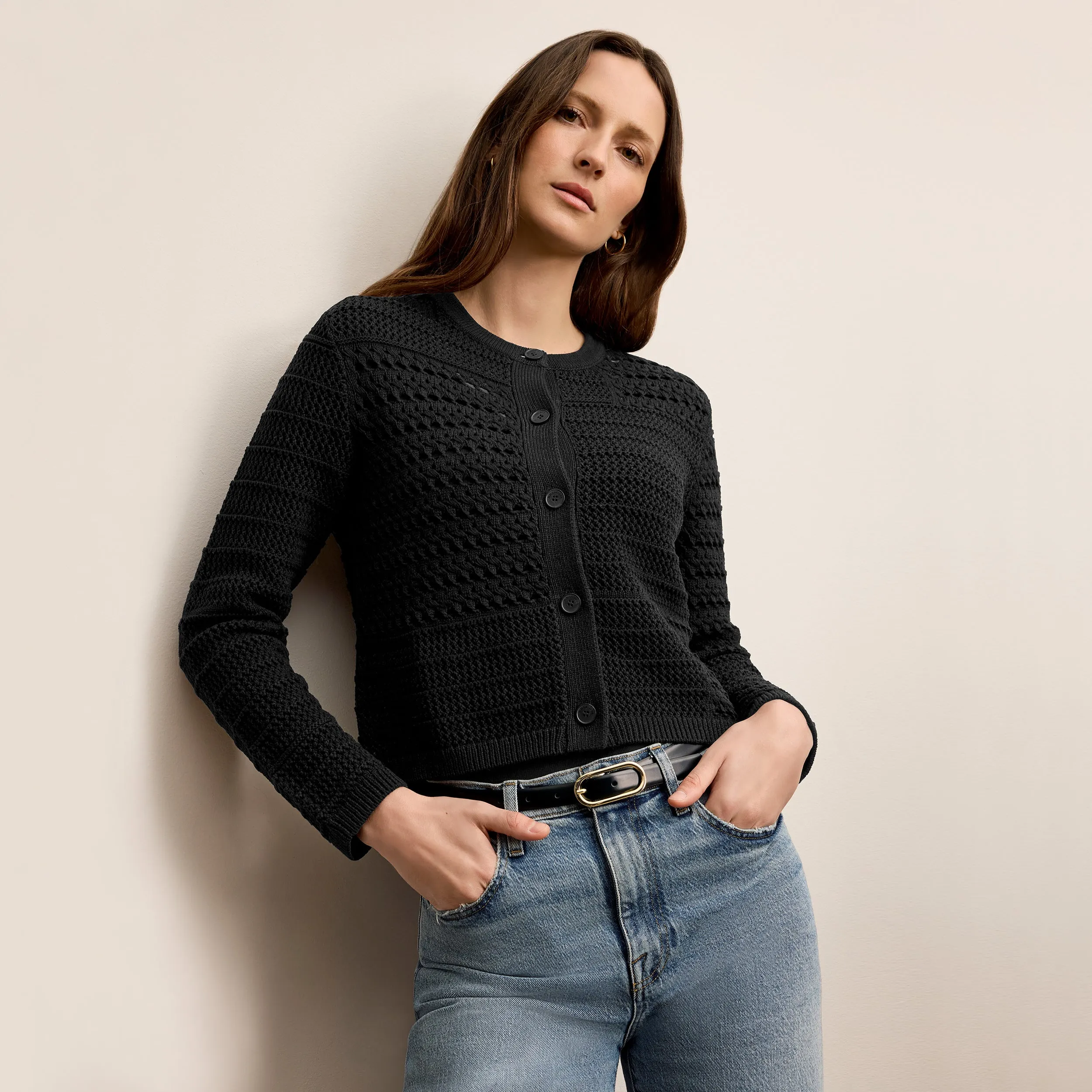 High Collar Style Zosia Cardigan - Crochet Knit :: Black